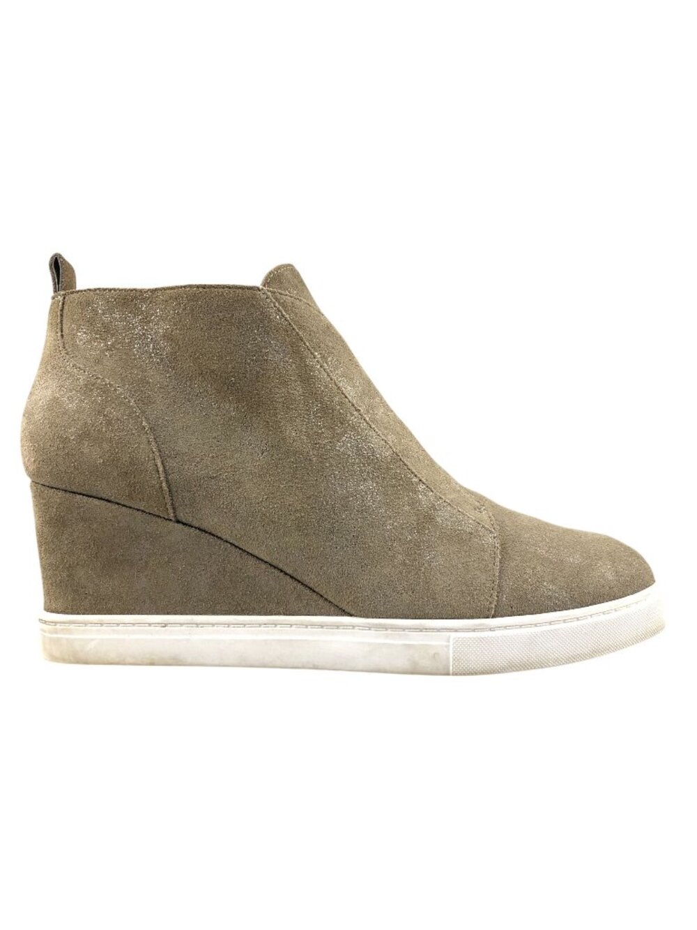 Linea Paolo Women's Size 9.5M Felicia Taupe Suede Glitter Wedge Ankle Booties